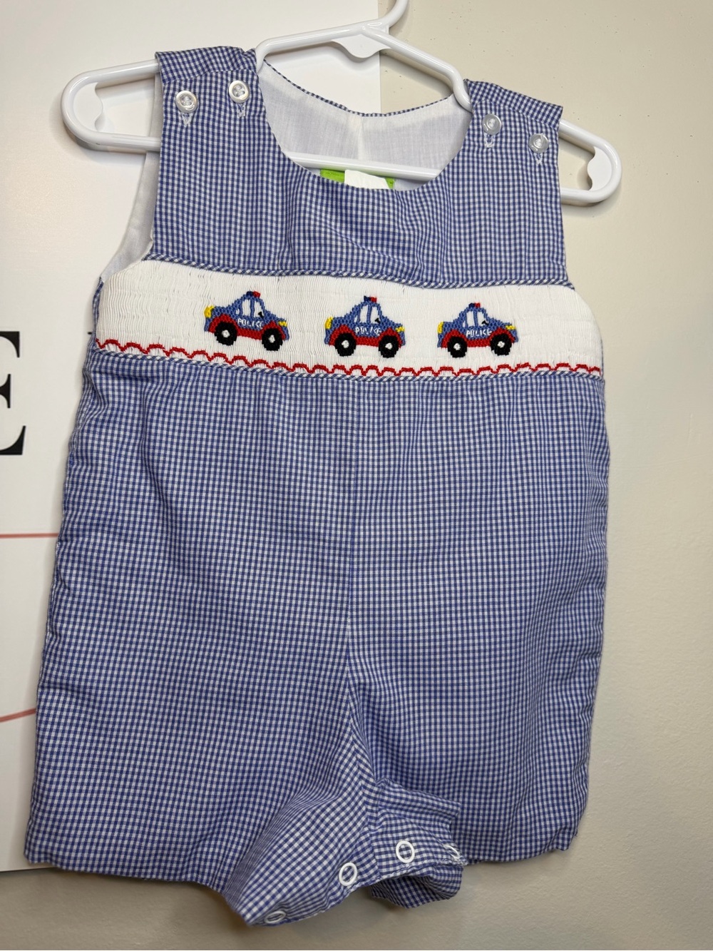 Classic Blue Gingham Smocked Police Car One-Piece for Kids